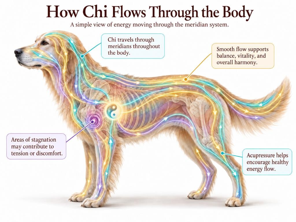 How Chi Flows Through the Body — infographic showing meridian energy pathways on a golden retriever