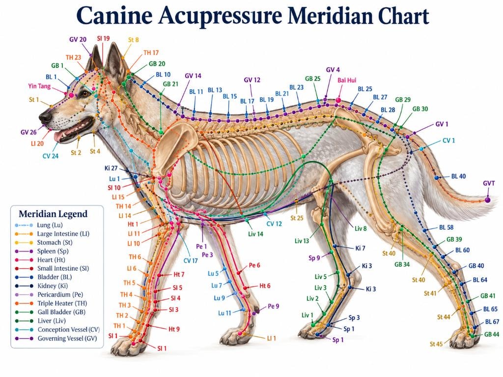 Canine Acupressure Meridian Chart showing all meridian pathways and acupoints on a dog