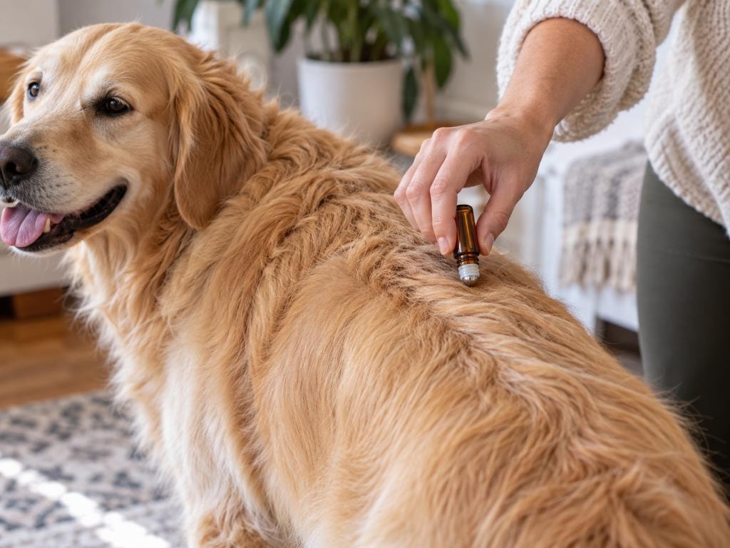 Person applying essential oil with a roller bottle to a golden retriever's back